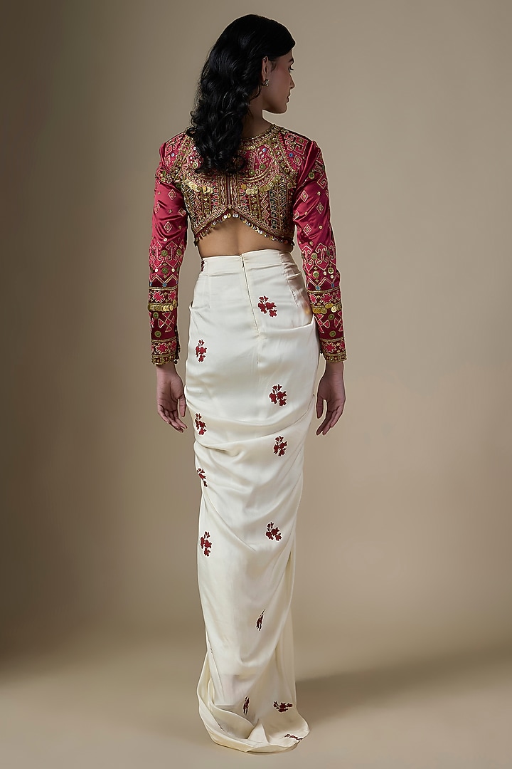 White Pure Satin Silk Embroidered Draped Skirt Set by Ranbir Mukherjee at Pernia's Pop Up Shop