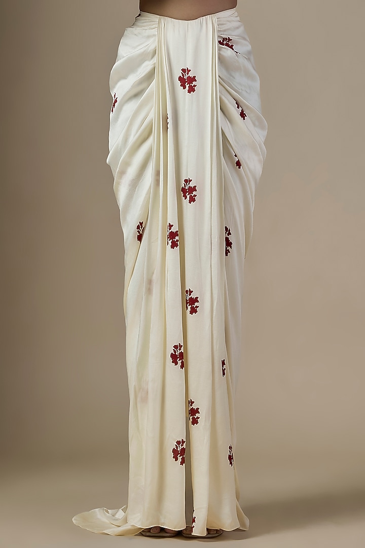 White Pure Satin Silk Embroidered Draped Skirt Set by Ranbir Mukherjee at Pernia's Pop Up Shop