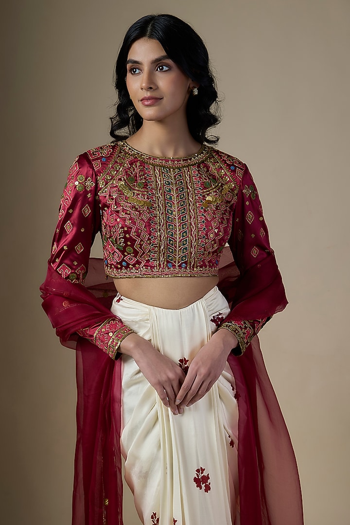 White Pure Satin Silk Embroidered Draped Skirt Set by Ranbir Mukherjee at Pernia's Pop Up Shop