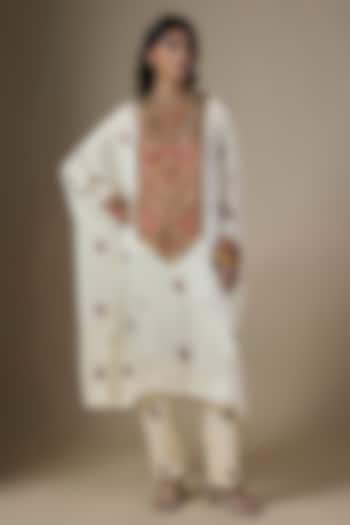 White Pure Satin Silk Printed & Embroidered Kaftan Set by Ranbir Mukherjee at Pernia's Pop Up Shop