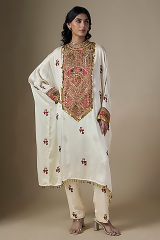 White Pure Satin Silk Printed & Embroidered Kaftan Set by Ranbir Mukherjee