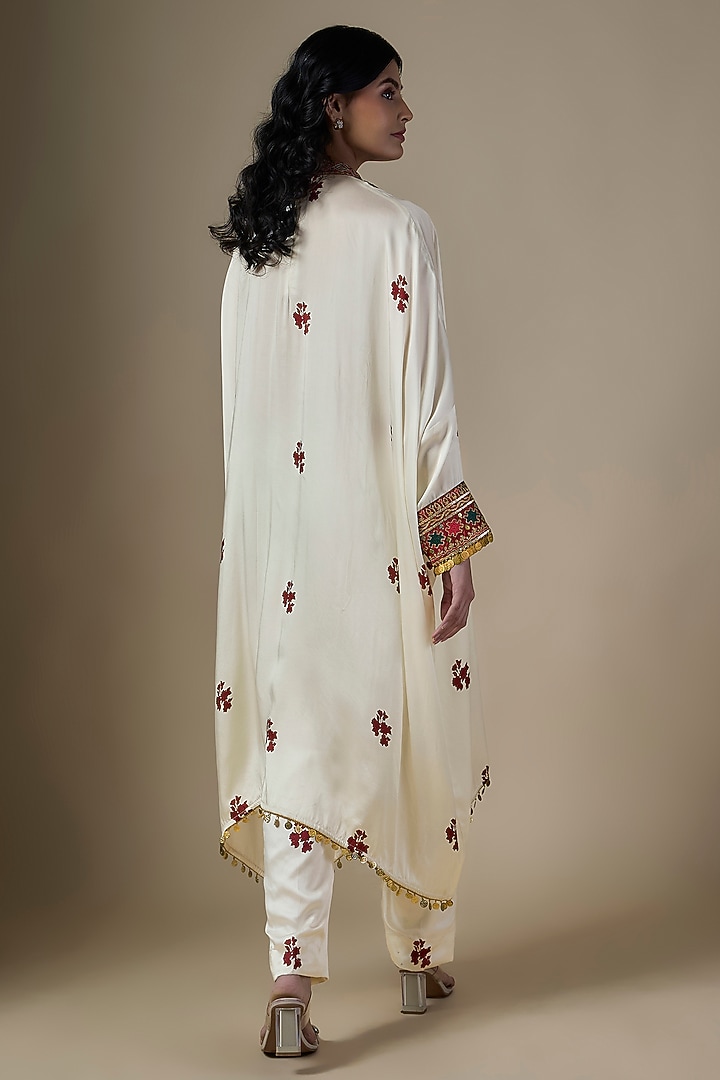 White Pure Satin Silk Printed & Embroidered Kaftan Set by Ranbir Mukherjee at Pernia's Pop Up Shop