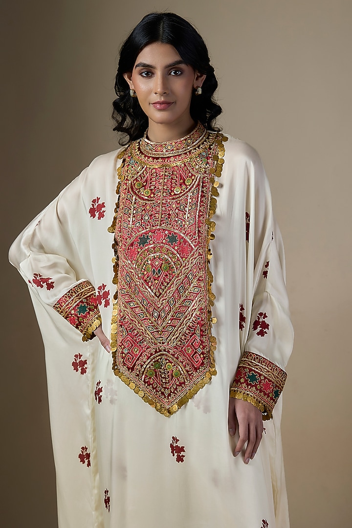White Pure Satin Silk Printed & Embroidered Kaftan Set by Ranbir Mukherjee at Pernia's Pop Up Shop