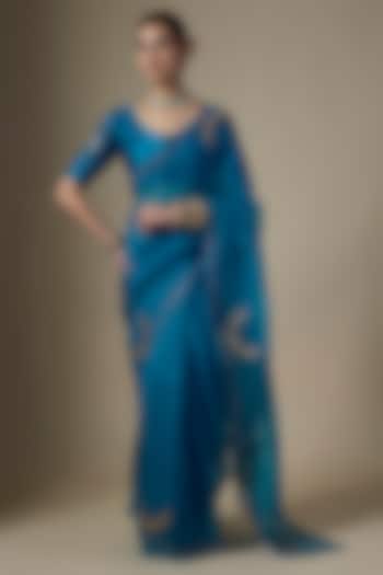 Peacock Blue Pure Silk Organza Embroidered Party Wear Saree Set by Ranbir Mukherjee at Pernia's Pop Up Shop