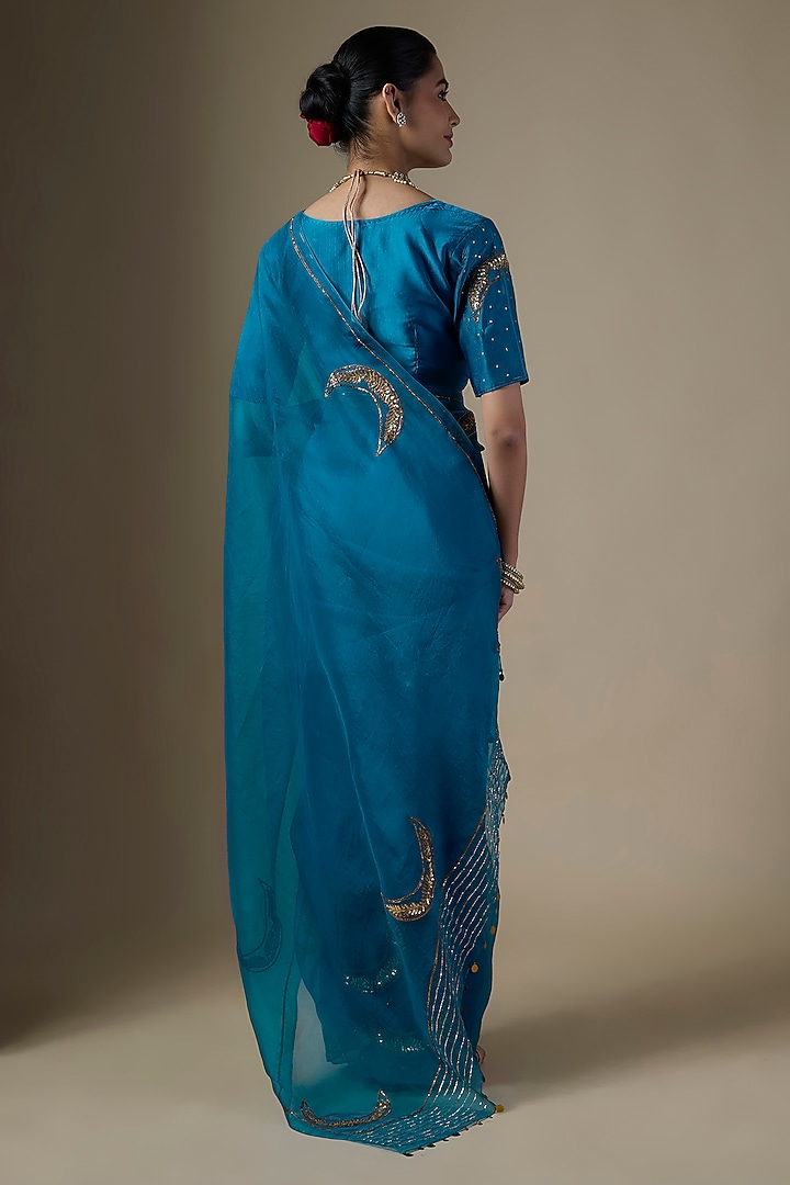 Peacock Blue Pure Silk Organza Embroidered Party Wear Saree Set by Ranbir Mukherjee at Pernia's Pop Up Shop