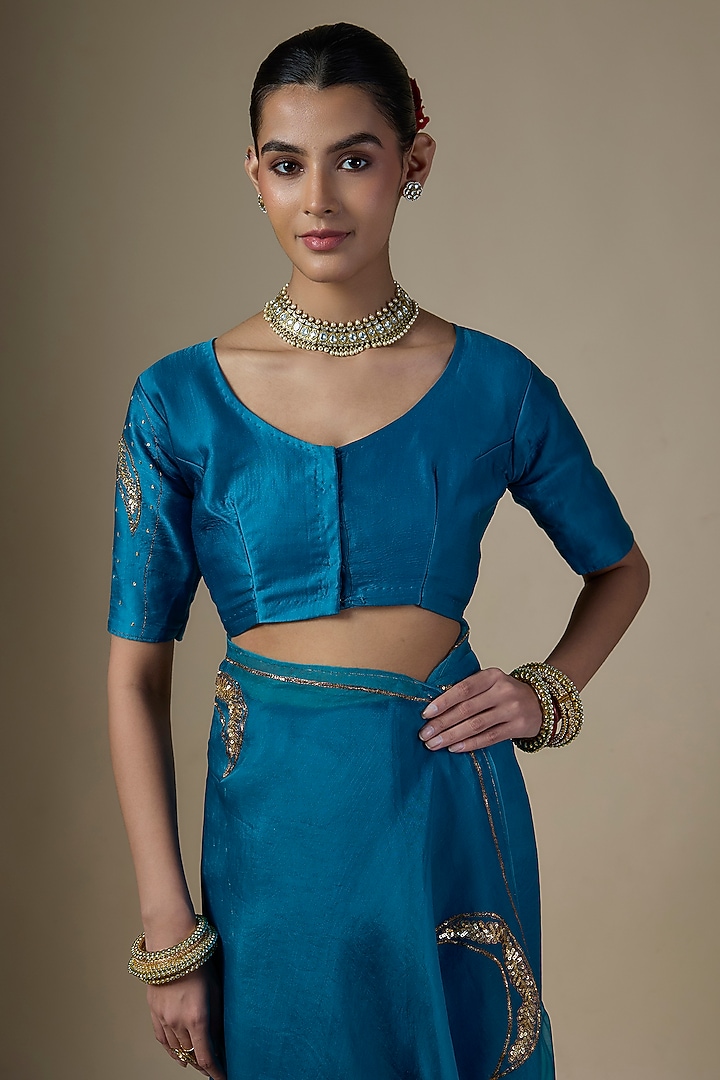 Peacock Blue Pure Silk Organza Embroidered Party Wear Saree Set by Ranbir Mukherjee at Pernia's Pop Up Shop