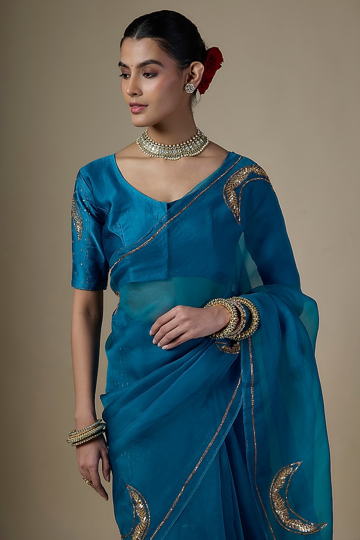 Peacock Blue Pure Silk Organza Embroidered Party Wear Saree Set by Ranbir Mukherjee at Pernia's Pop Up Shop