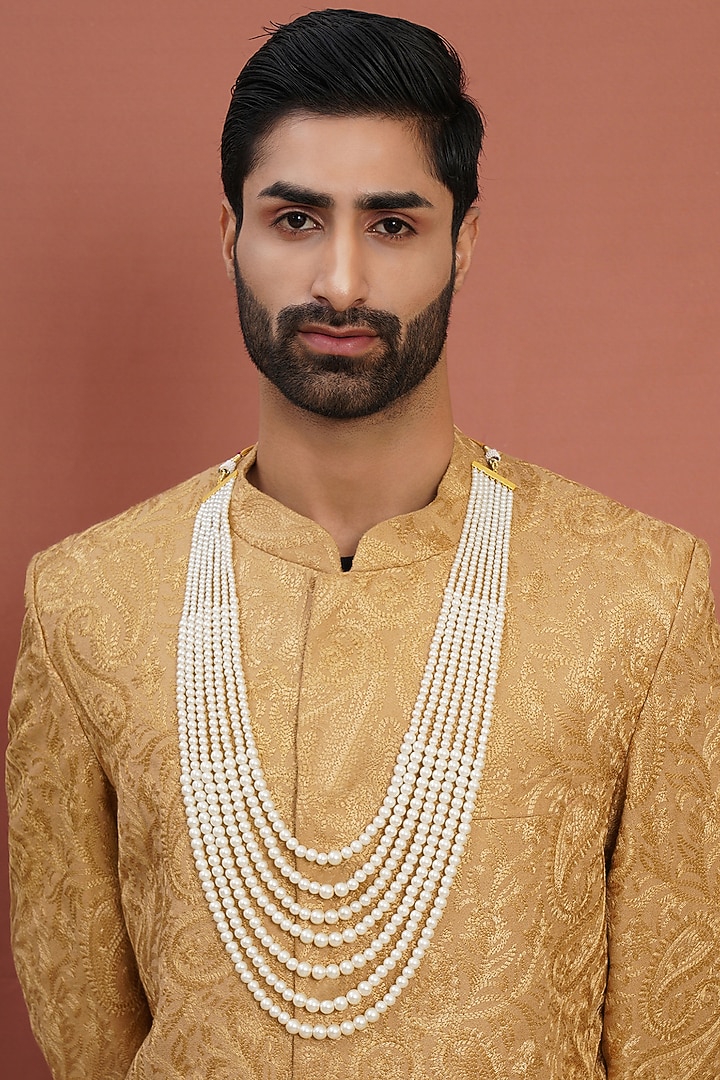 Gold Finish Pearl Layered Mala by RUBY RAANG MEN at Pernia's Pop Up Shop