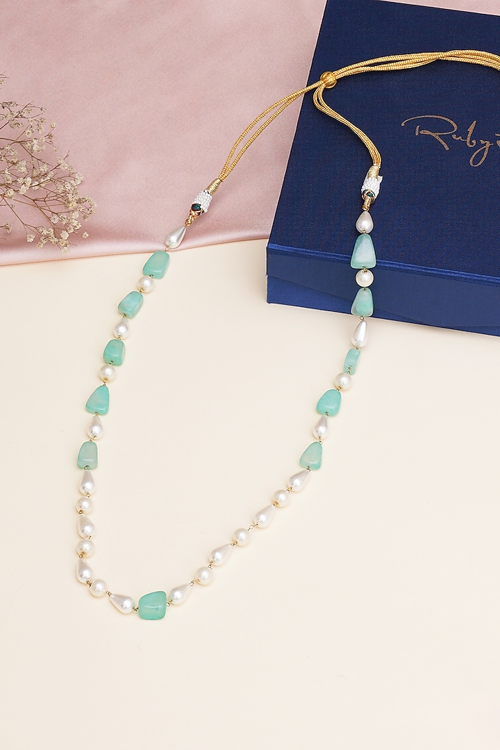 Gold Finish Green Faux Stone & Pearl Mala by RUBY RAANG