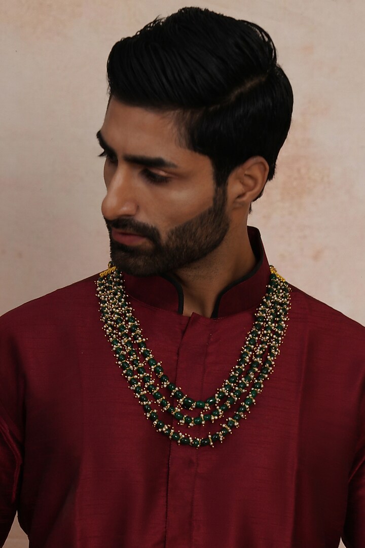 Gold Finish Emerald Layered Mala by RUBY RAANG MEN at Pernia's Pop Up Shop