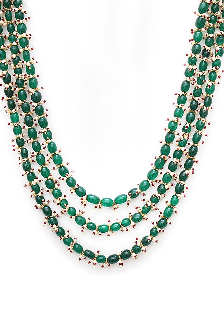 Gold Finish Emerald Layered Mala by RUBY RAANG MEN at Pernia's Pop Up Shop
