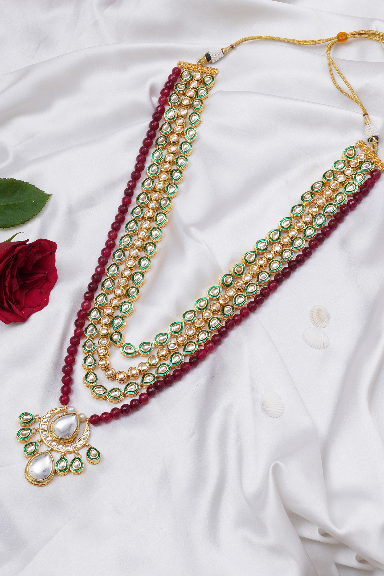 Gold Finish Multi-Colored Faux Stones & Kundan Polki Layered Mala by RUBY RAANG