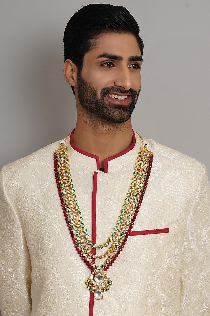 Gold Finish Multi-Colored Faux Stones & Kundan Polki Layered Mala by RUBY RAANG MEN at Pernia's Pop Up Shop