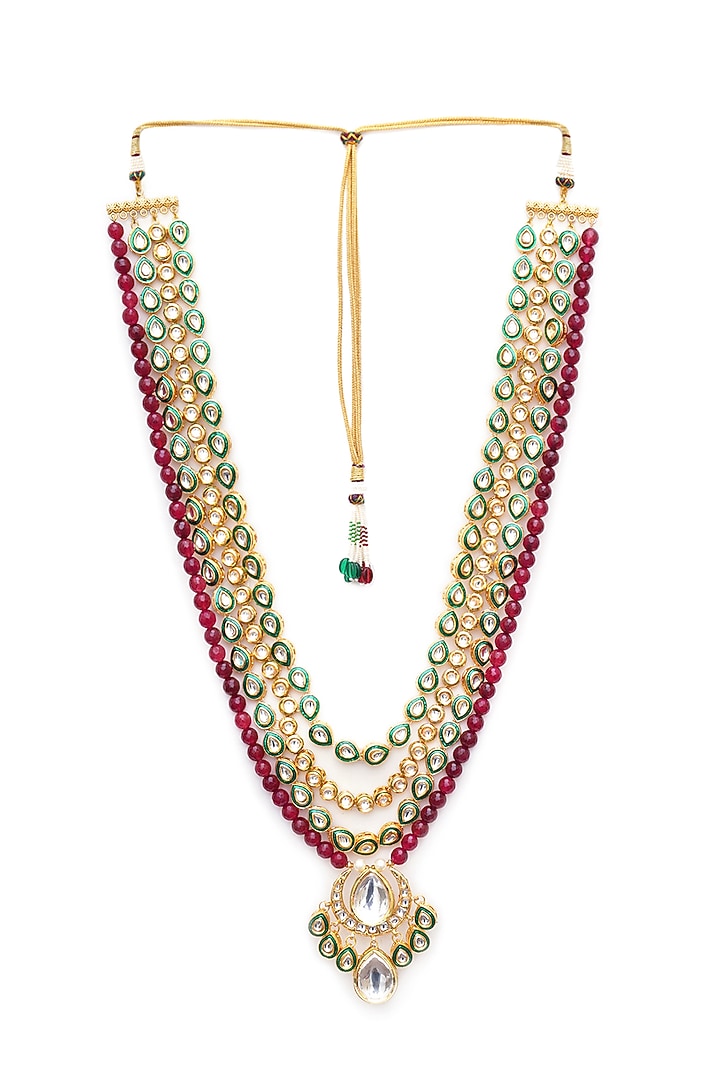 Gold Finish Multi-Colored Faux Stones & Kundan Polki Layered Mala by RUBY RAANG MEN at Pernia's Pop Up Shop