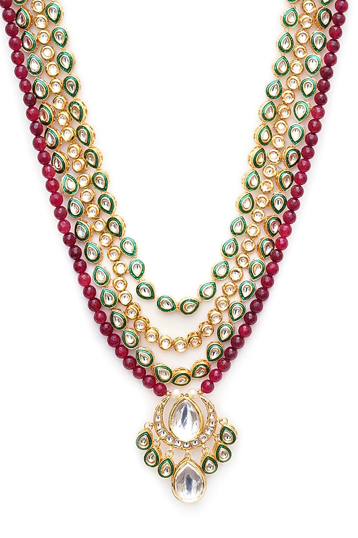 Gold Finish Multi-Colored Faux Stones & Kundan Polki Layered Mala by RUBY RAANG MEN at Pernia's Pop Up Shop