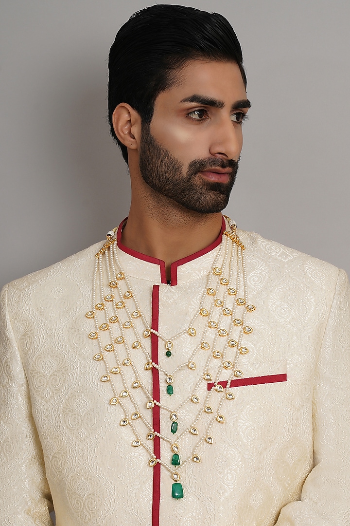 Gold Finish Kundan Polki & Pearls Layered Mala by RUBY RAANG MEN at Pernia's Pop Up Shop