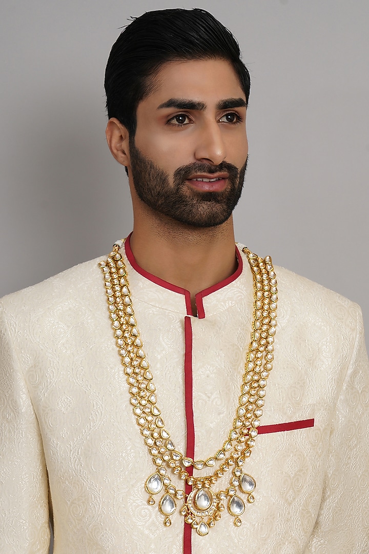 Gold Finish Kundan Polki Layered Mala by RUBY RAANG MEN at Pernia's Pop Up Shop