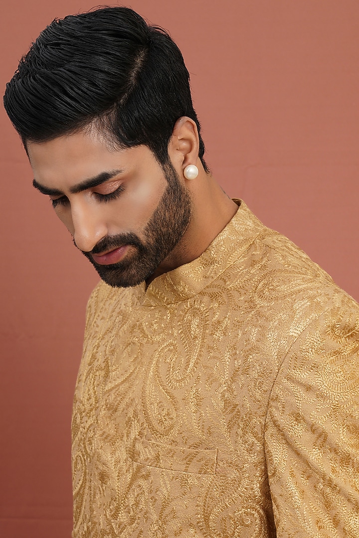 Gold Finish Pearl Stud Earrings by RUBY RAANG MEN at Pernia's Pop Up Shop