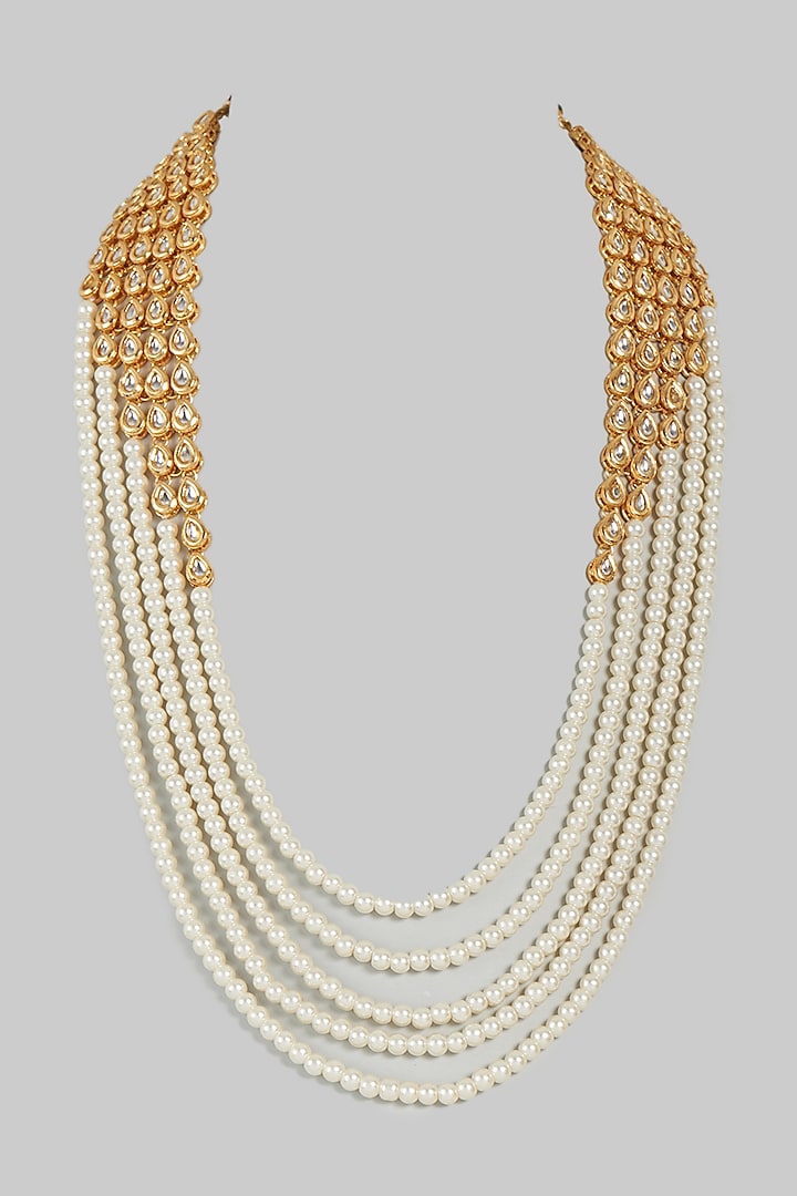 Gold Finish Layered Mala With Pearl Beads by RUBY RAANG MEN