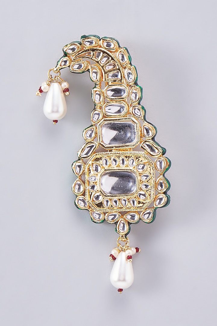 Gold Finish Kundan Polki Meenakari Kalgi by RUBY RAANG MEN at Pernia's Pop Up Shop