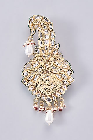 Gold Finish Kundan Polki Meenakari Kalgi by RUBY RAANG MEN