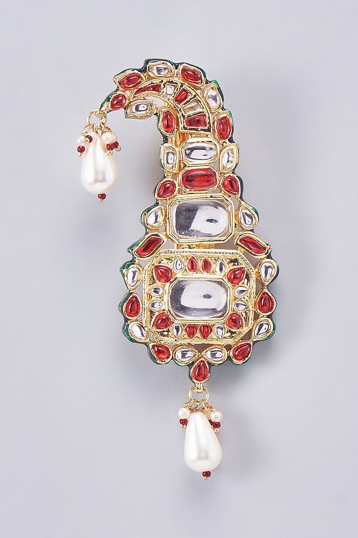 Gold Finish Kundan Polki Meenakari Kalgi by RUBY RAANG MEN at Pernia's Pop Up Shop