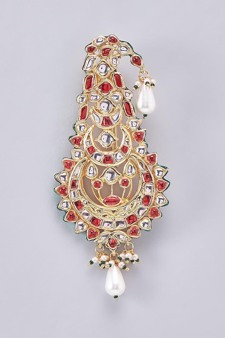 Gold Finish Kundan Polki Meenakari Kalgi by RUBY RAANG MEN at Pernia's Pop Up Shop