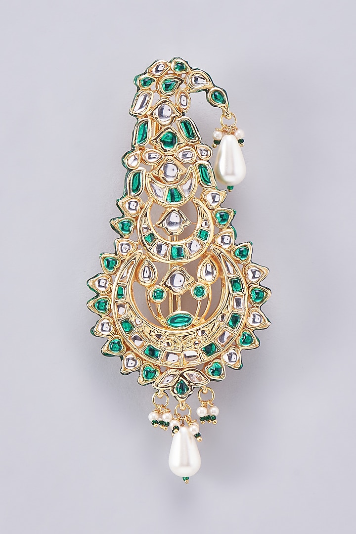 Gold Finish Kundan Polki Meenakari Kalgi by RUBY RAANG MEN at Pernia's Pop Up Shop