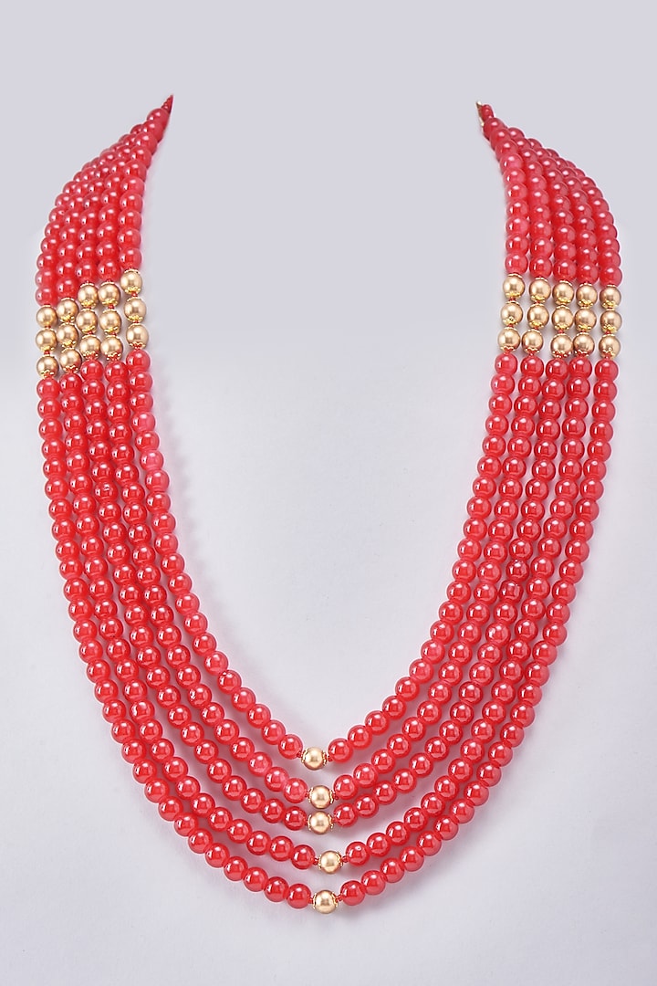 Gold Finish Maroon Beaded Layered Necklace by RUBY RAANG MEN