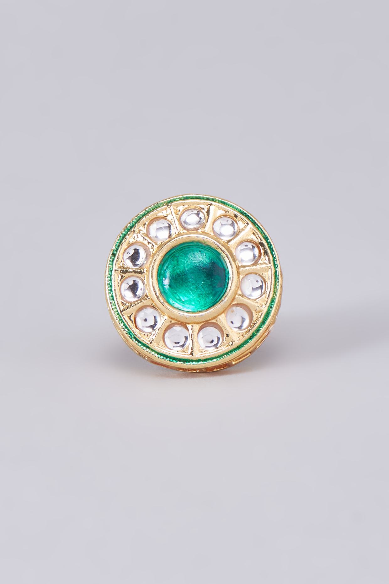 Gold Finish Green Kundan Polki Meenakari Ring by RUBY RAANG MEN
