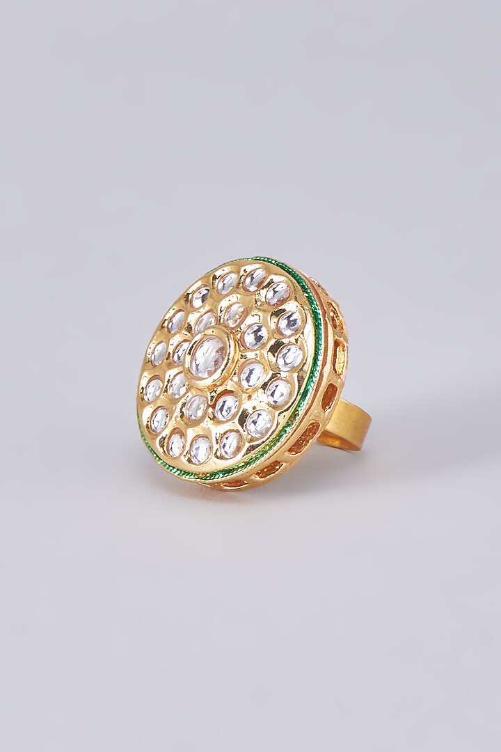 Gold Finish Kundan Polki Meenakari Ring by RUBY RAANG MEN at Pernia's Pop Up Shop