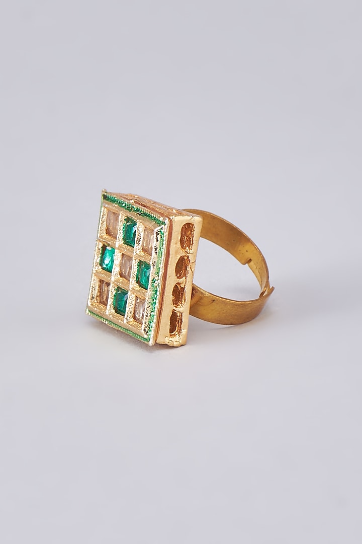 Gold Finish Kundan Polki Meenakari Ring by RUBY RAANG MEN at Pernia's Pop Up Shop