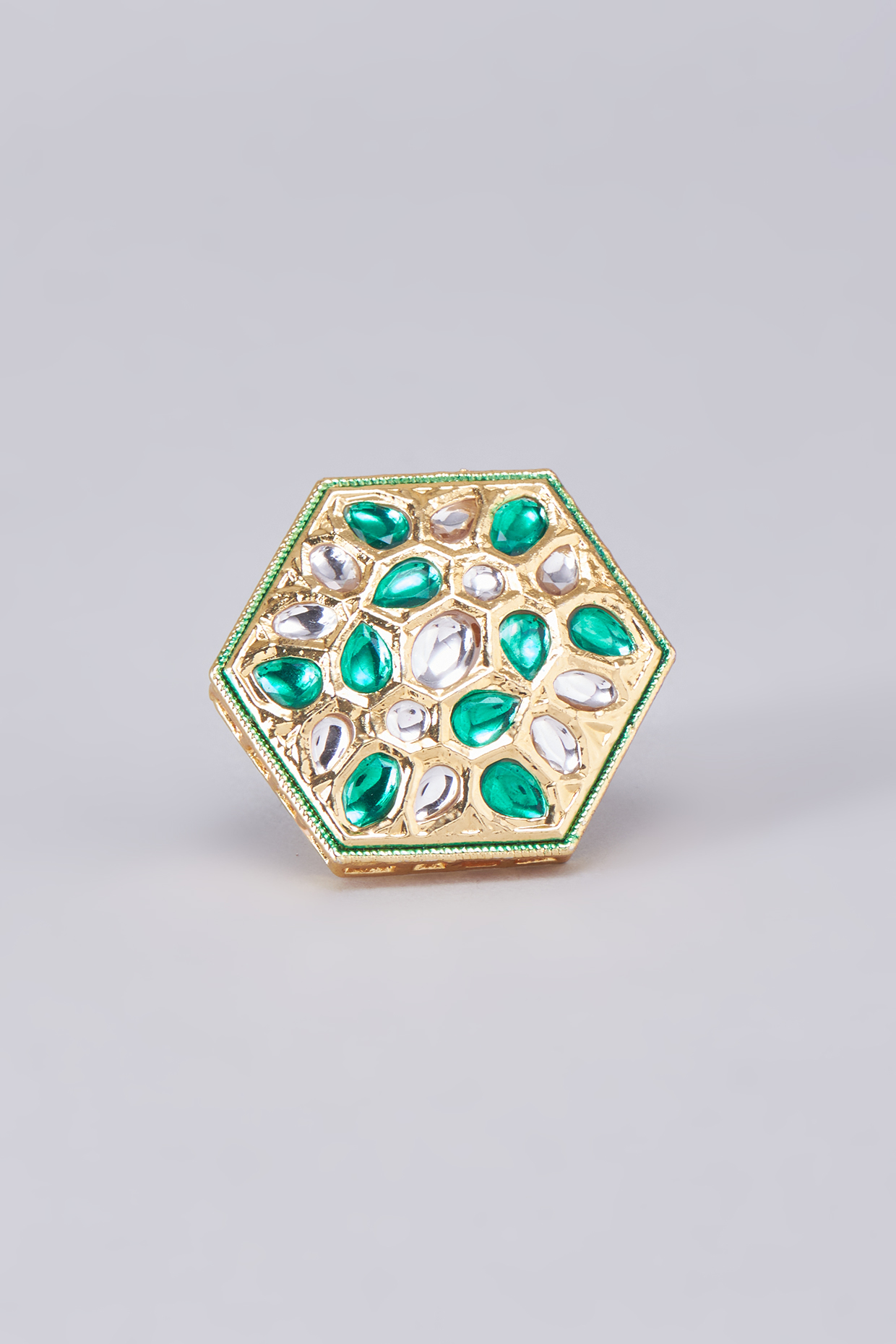 Gold Finish Kundan Polki Meenakari Ring by RUBY RAANG MEN