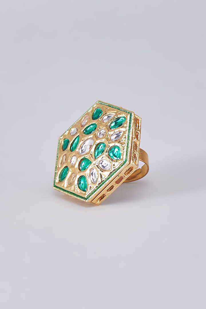 Gold Finish Kundan Polki Meenakari Ring by RUBY RAANG MEN at Pernia's Pop Up Shop