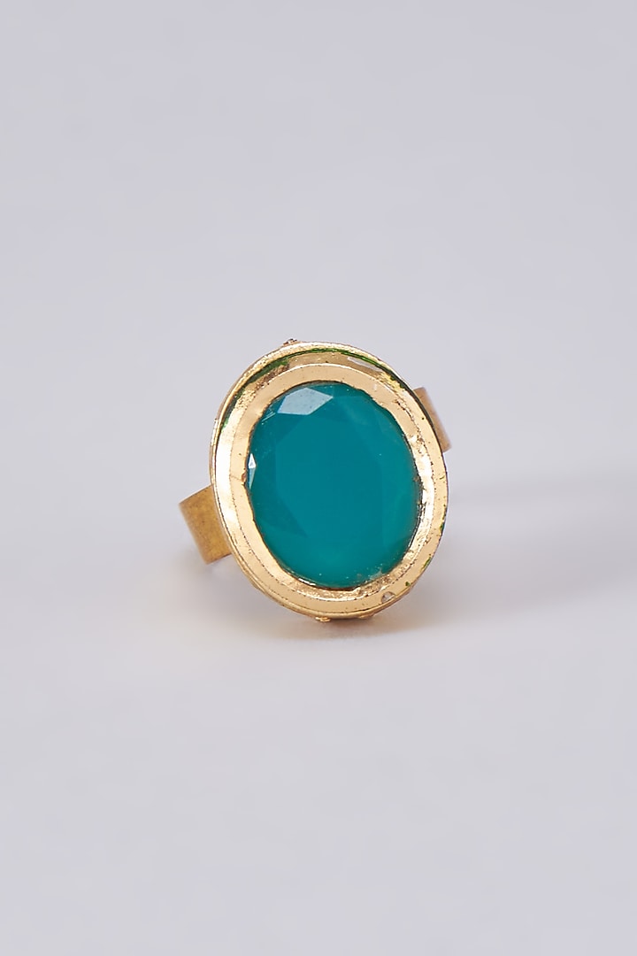 Gold Finish Green Kundan Polki Meenakari Ring by RUBY RAANG MEN at Pernia's Pop Up Shop