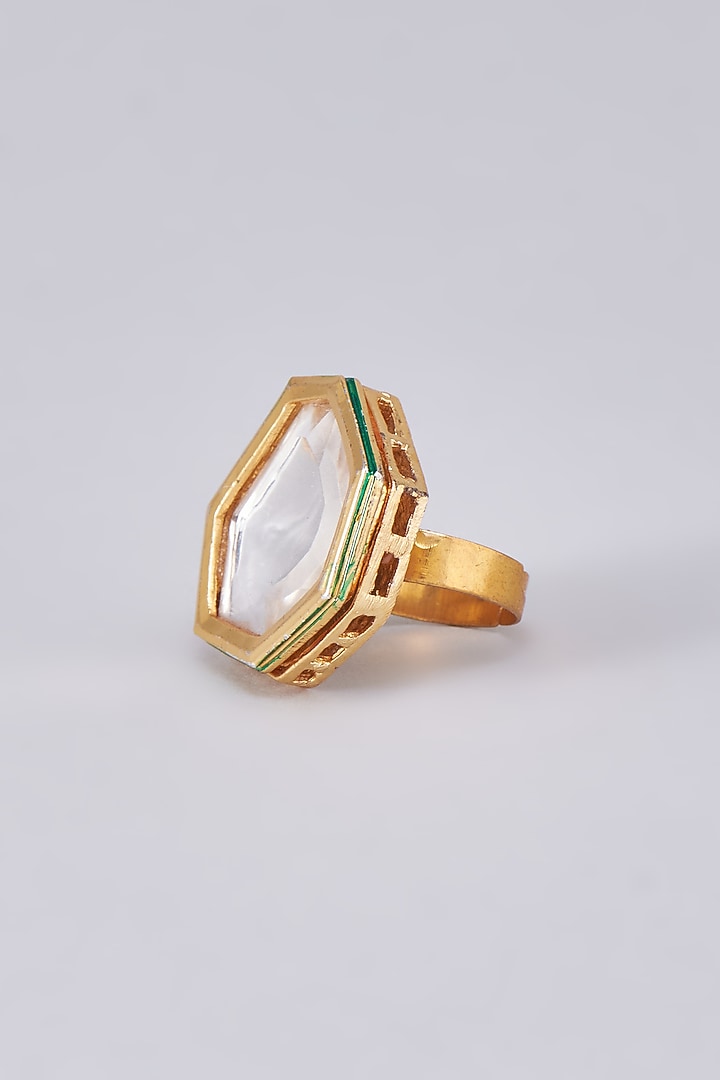 Gold Finish Kundan Polki Meenakari Ring by RUBY RAANG MEN at Pernia's Pop Up Shop
