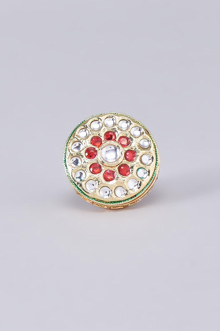 Gold Finish Kundan Polki Meenakari Ring by RUBY RAANG MEN