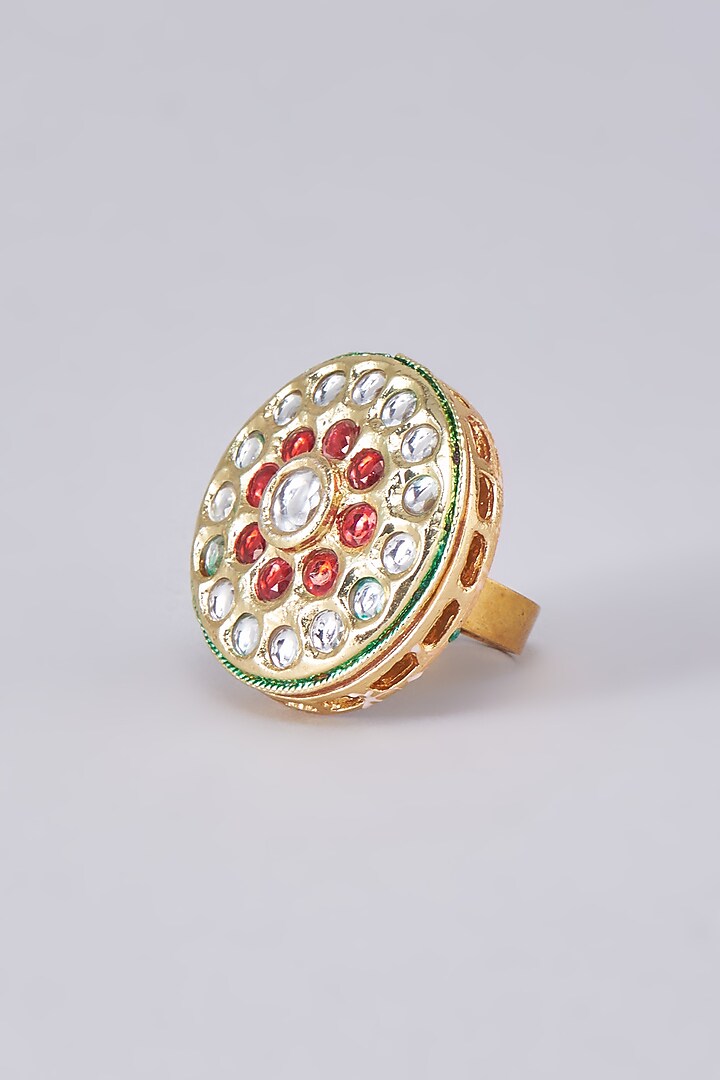Gold Finish Kundan Polki Meenakari Ring by RUBY RAANG MEN at Pernia's Pop Up Shop