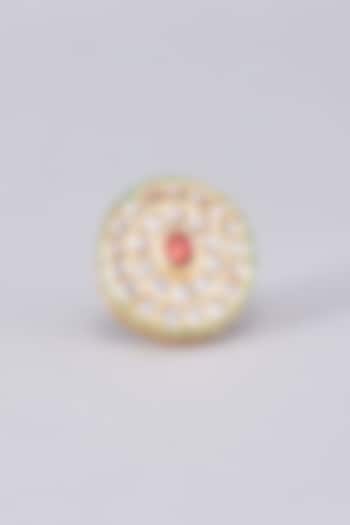 Gold Finish Kundan Polki Meenakari Ring by RUBY RAANG MEN