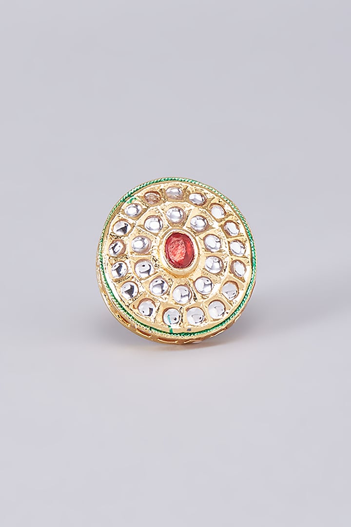Gold Finish Kundan Polki Meenakari Ring by RUBY RAANG MEN