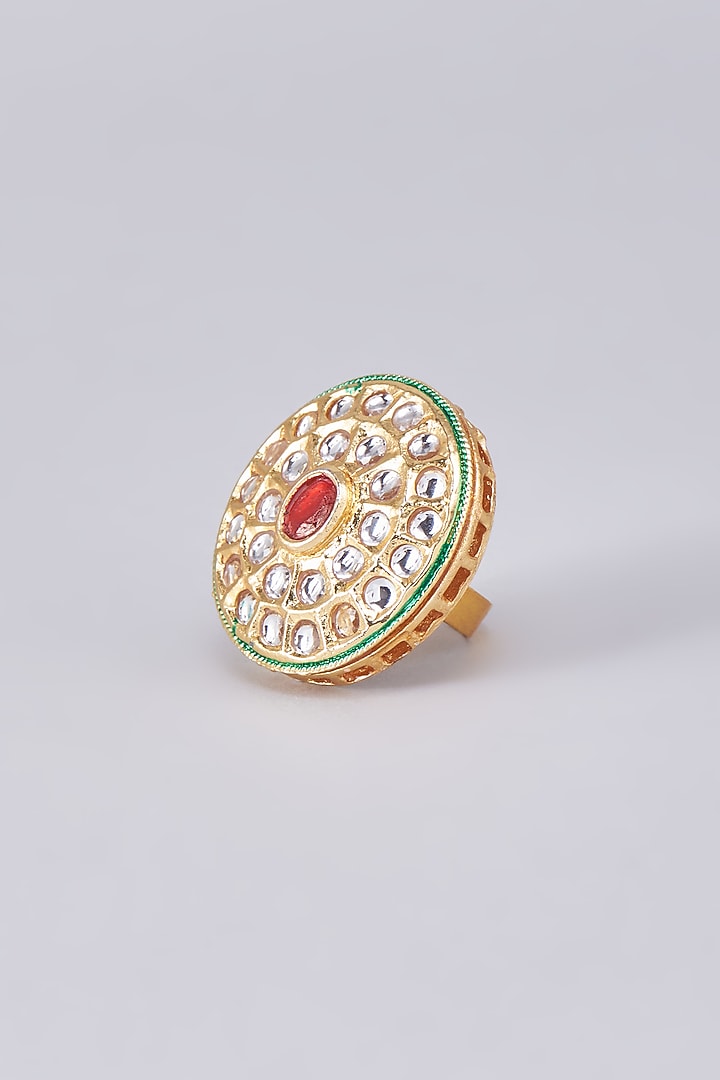 Gold Finish Kundan Polki Meenakari Ring by RUBY RAANG MEN at Pernia's Pop Up Shop