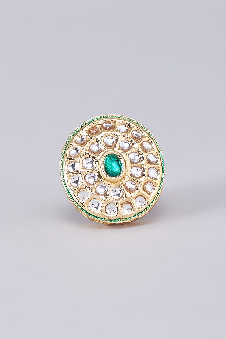 Gold Finish Kundan Polki Meenakari Ring by RUBY RAANG MEN