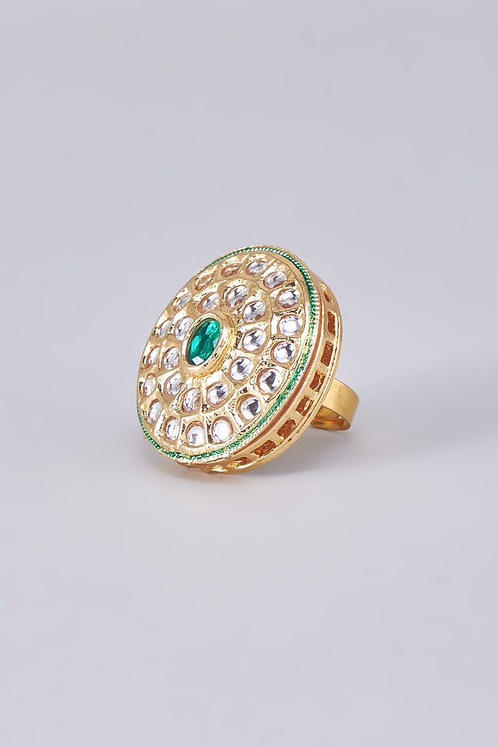 Gold Finish Kundan Polki Meenakari Ring by RUBY RAANG MEN at Pernia's Pop Up Shop