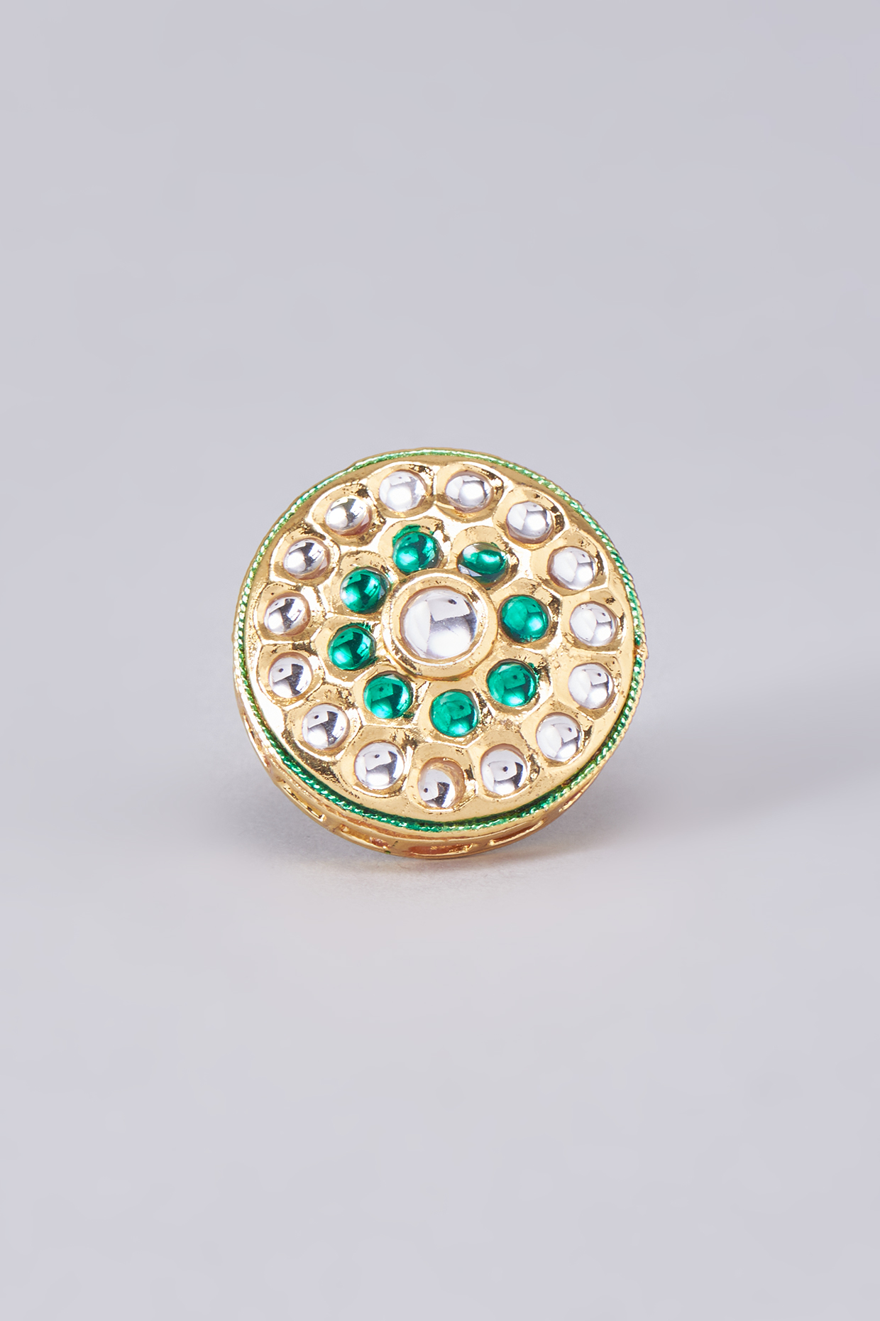 Gold Finish Kundan Polki Meenakari Ring by RUBY RAANG MEN