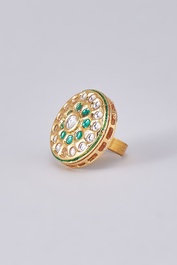 Gold Finish Kundan Polki Meenakari Ring by RUBY RAANG MEN at Pernia's Pop Up Shop