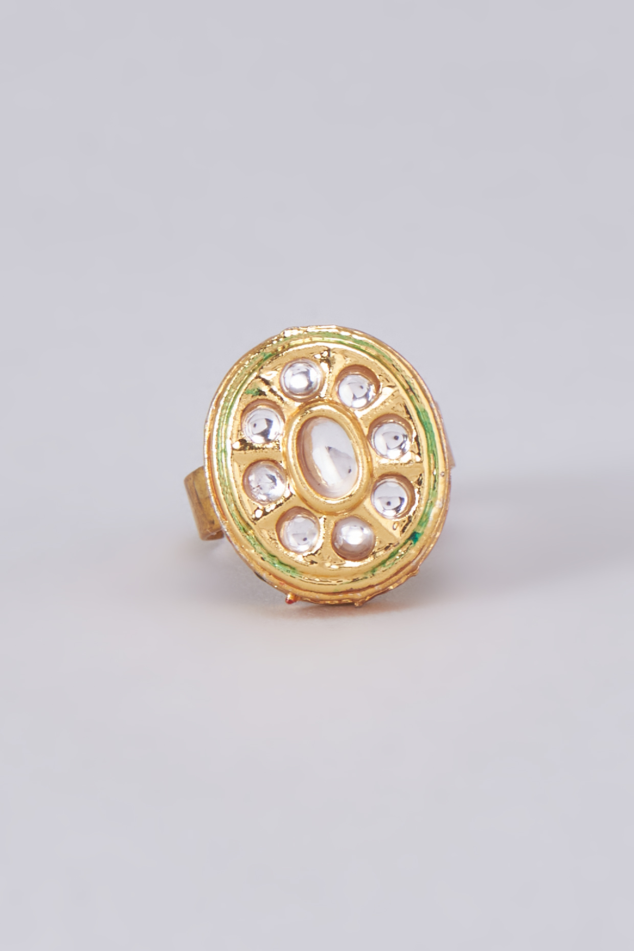 Gold Finish Kundan Polki Meenakari Ring by RUBY RAANG MEN