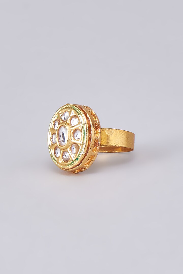 Gold Finish Kundan Polki Meenakari Ring by RUBY RAANG MEN at Pernia's Pop Up Shop