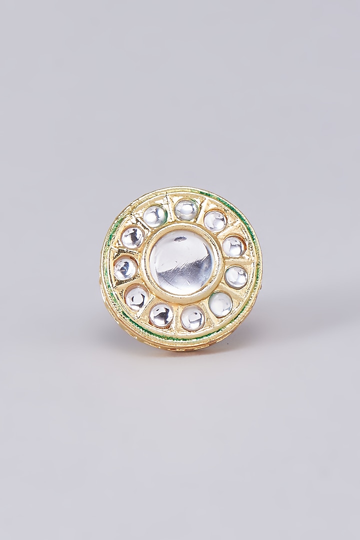 Gold Finish Kundan Polki Meenakari Ring by RUBY RAANG MEN