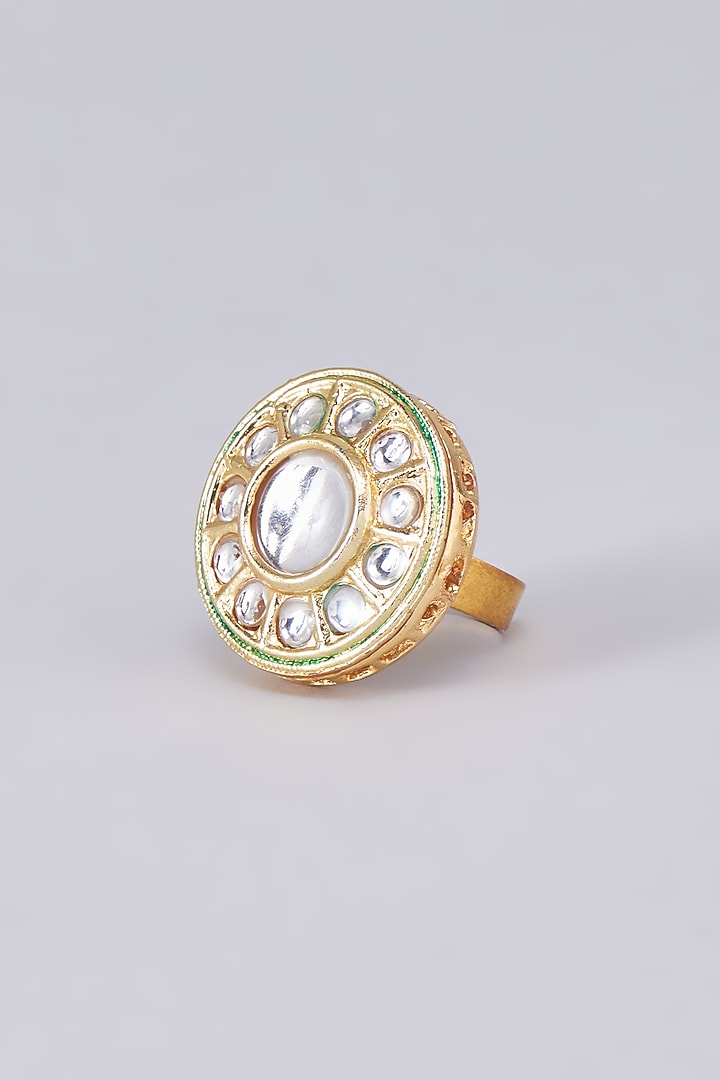 Gold Finish Kundan Polki Meenakari Ring by RUBY RAANG MEN at Pernia's Pop Up Shop