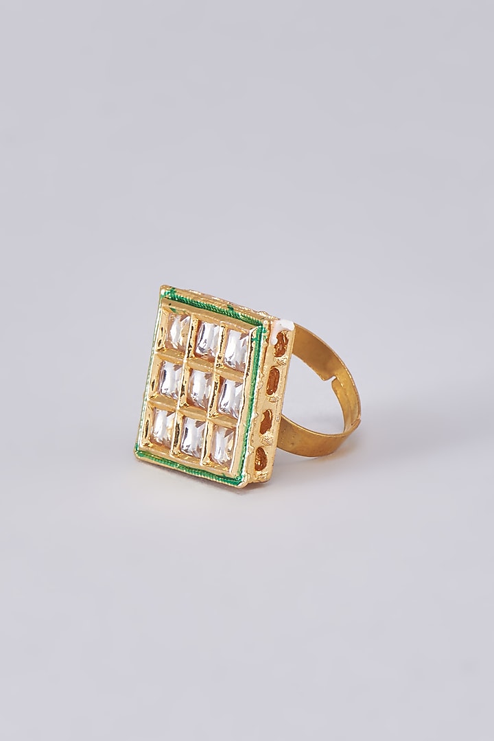 Gold Finish Kundan Polki Meenakari Ring by RUBY RAANG MEN at Pernia's Pop Up Shop